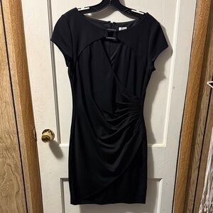 Cache Classic Black Ruched Cap-Sleeve Dress